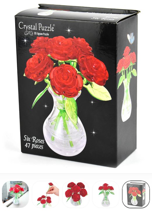 3D Crystal Puzzle - 6 Red Rose in Vase - 5874